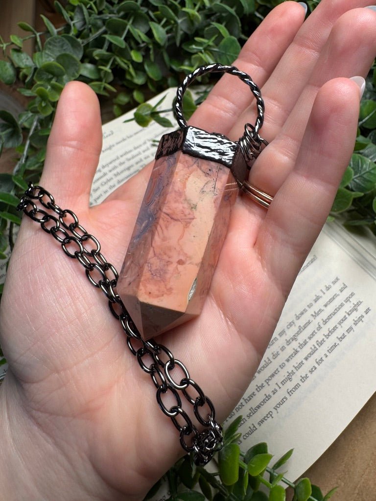 Flower Agate and Moonstone Statement Necklace detail view by Copper Ashes