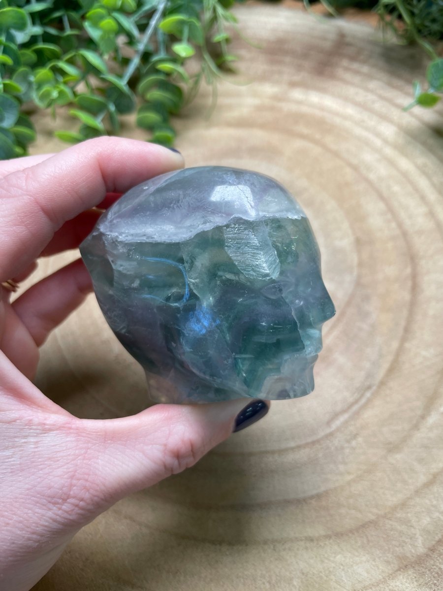Fluorite Fae Head (chipped) detail view by Copper Ashes