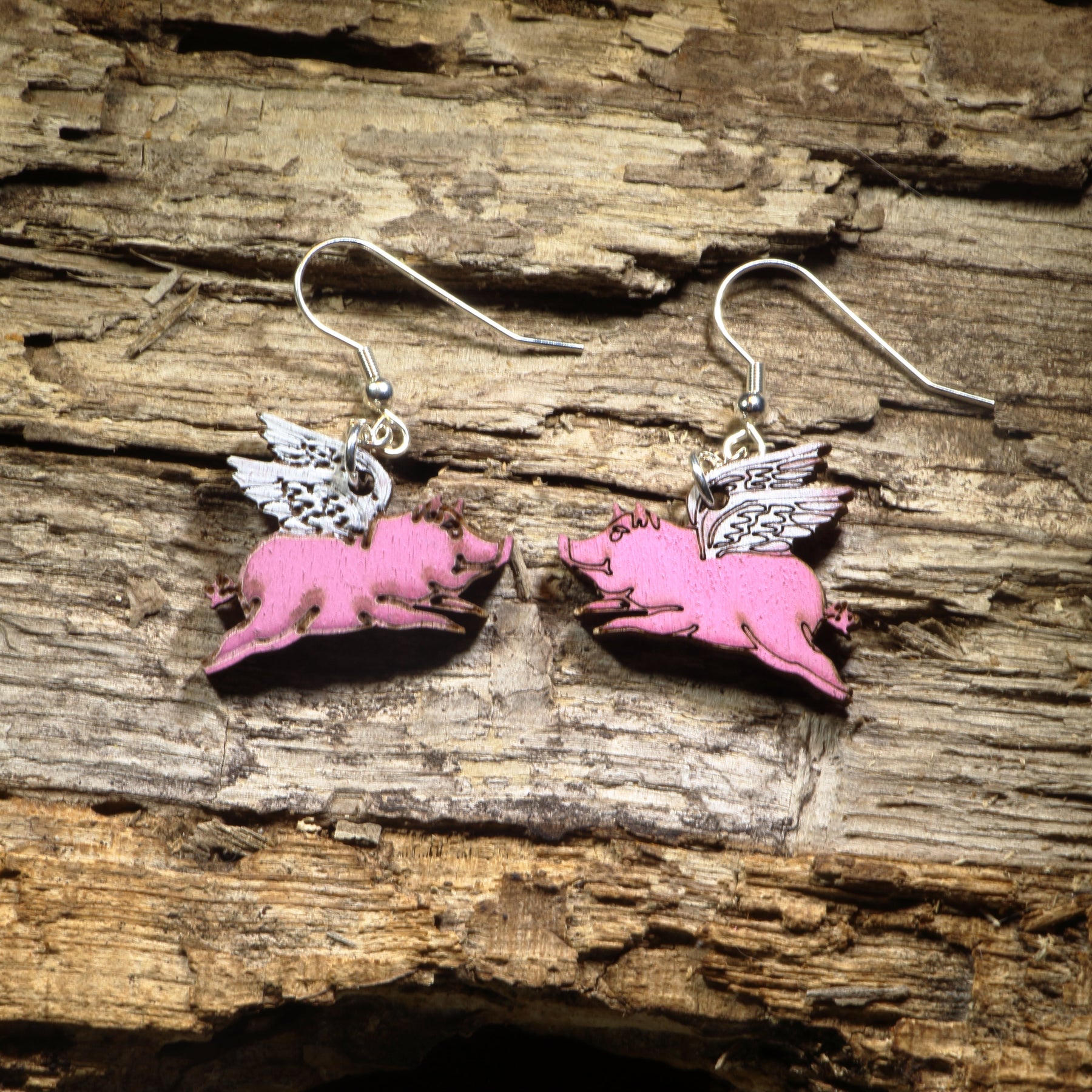 Flying Pig Wooden Dangle Earrings | Realistic Animal Jewelry by Cate's Concepts, LLC