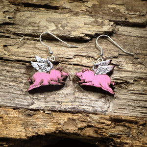 Flying Pig Wooden Dangle Earrings | Realistic Animal Jewelry by Cate's Concepts, LLC