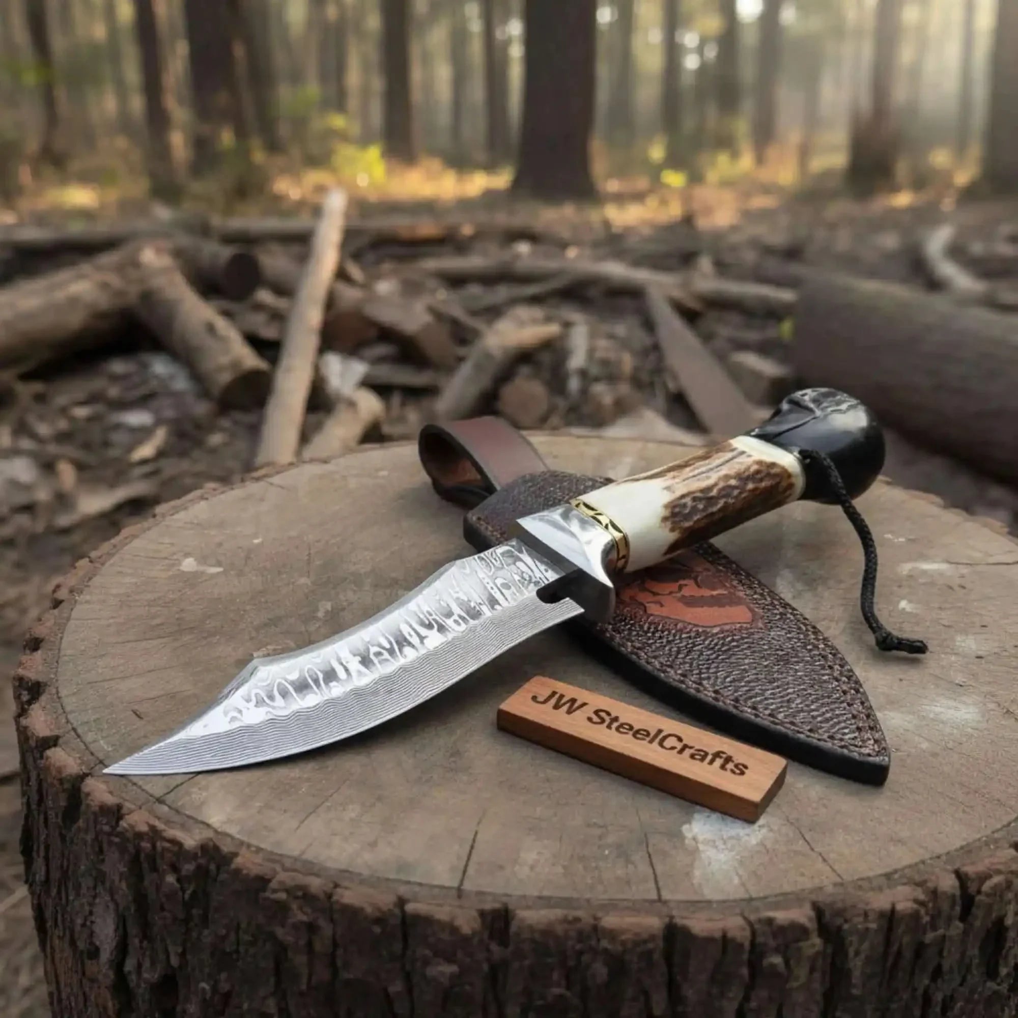 Handmade Damascus Hunting Knife with Stag Antler Handle & Custom Leather Sheath by JW SteelCrafts, leather knife sheath main product photo