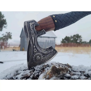 Norse Engraved Camp Hatchet with Leather Wrapped Handle and Belt Sheath | JW SteelCrafts by JW SteelCrafts, leather knife sheath detail photo 3