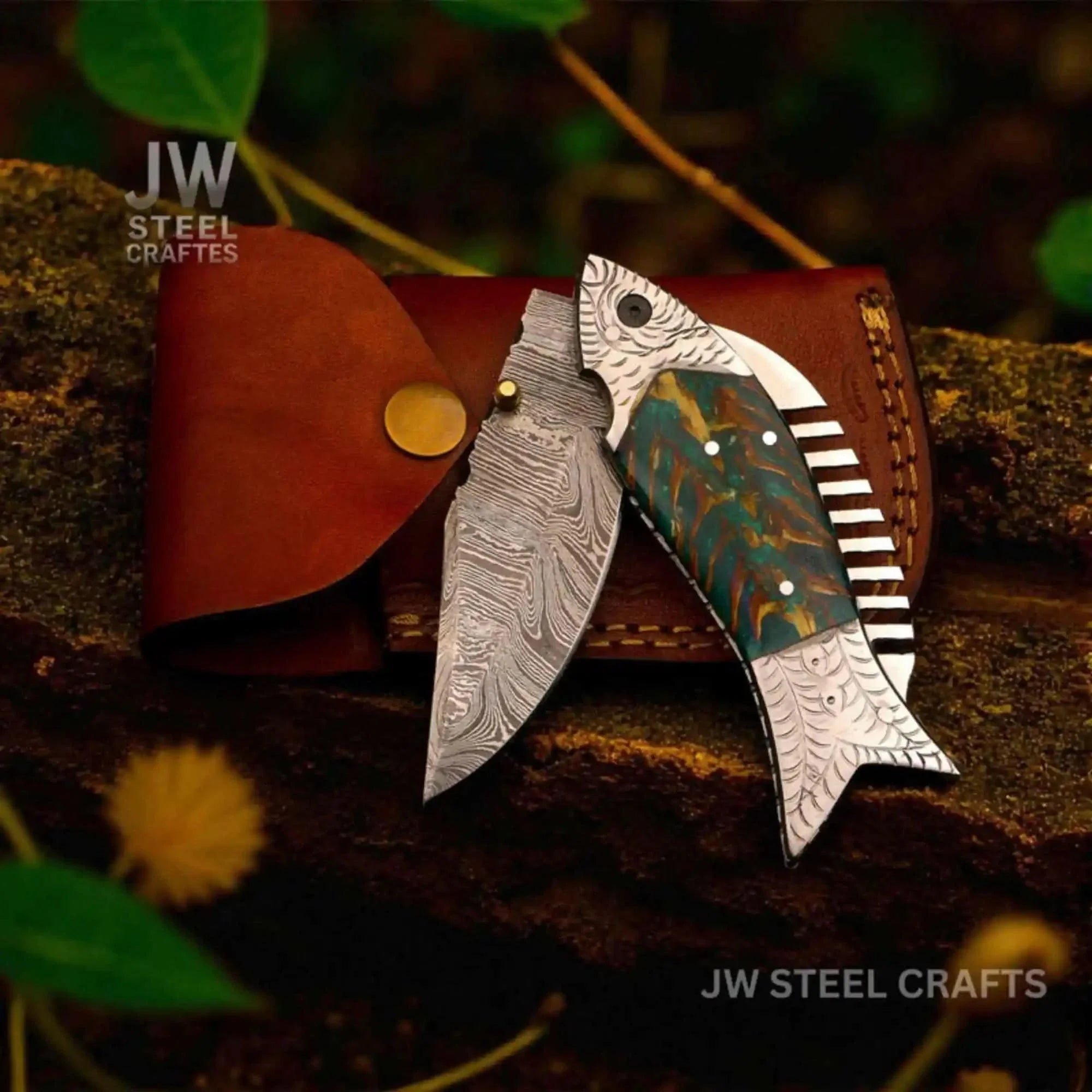 Handmade Damascus Folding Knife with Green Pinecone Resin Handle by JW SteelCrafts, Damascus knife main product photo