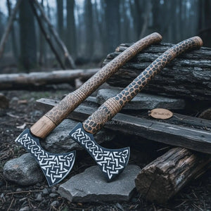 Engraved Viking Throwing Axe Set, Pair of Norse Knotwork Hatchets with Carved Hardwood Handles | JW SteelCrafts by JW SteelCrafts, Southern lifestyle apparel main product photo
