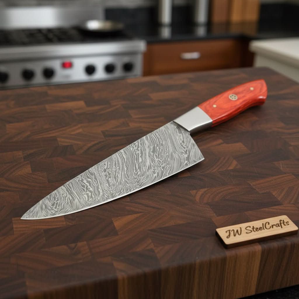Damascus Steel Chef Knife, Orange Dyed Wood Handle, Full Tang Blade by JW SteelCrafts by JW SteelCrafts, Damascus knife main product photo