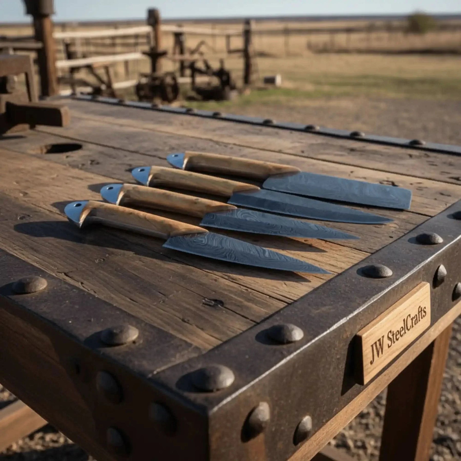 Damascus Kitchen Knife Set of 4 - Hand-Forged Full Tang Blades by JW SteelCrafts, Damascus knife detail photo 4