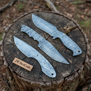 Damascus Knife Blanks Set 4.5 Inch Blades Fixed Blade DIY Trio by JW SteelCrafts, Damascus knife main product photo