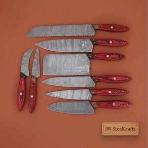 Damascus Kitchen Knife Set of 8, Hand-Forged with Red Pakka Handles by JW SteelCrafts, Damascus knife detail photo 2