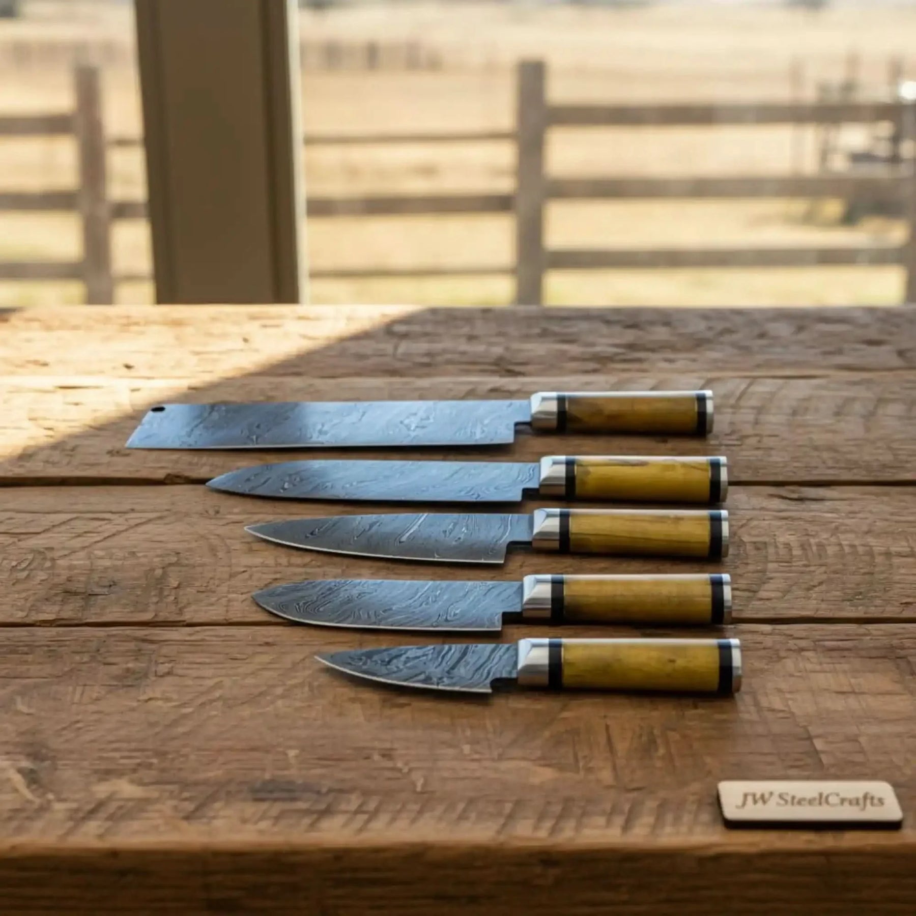 Custom Forged Damascus 5-Knife Chef Set — Olive Wood Handles, Pro Grade by JW SteelCrafts, Damascus knife main product photo