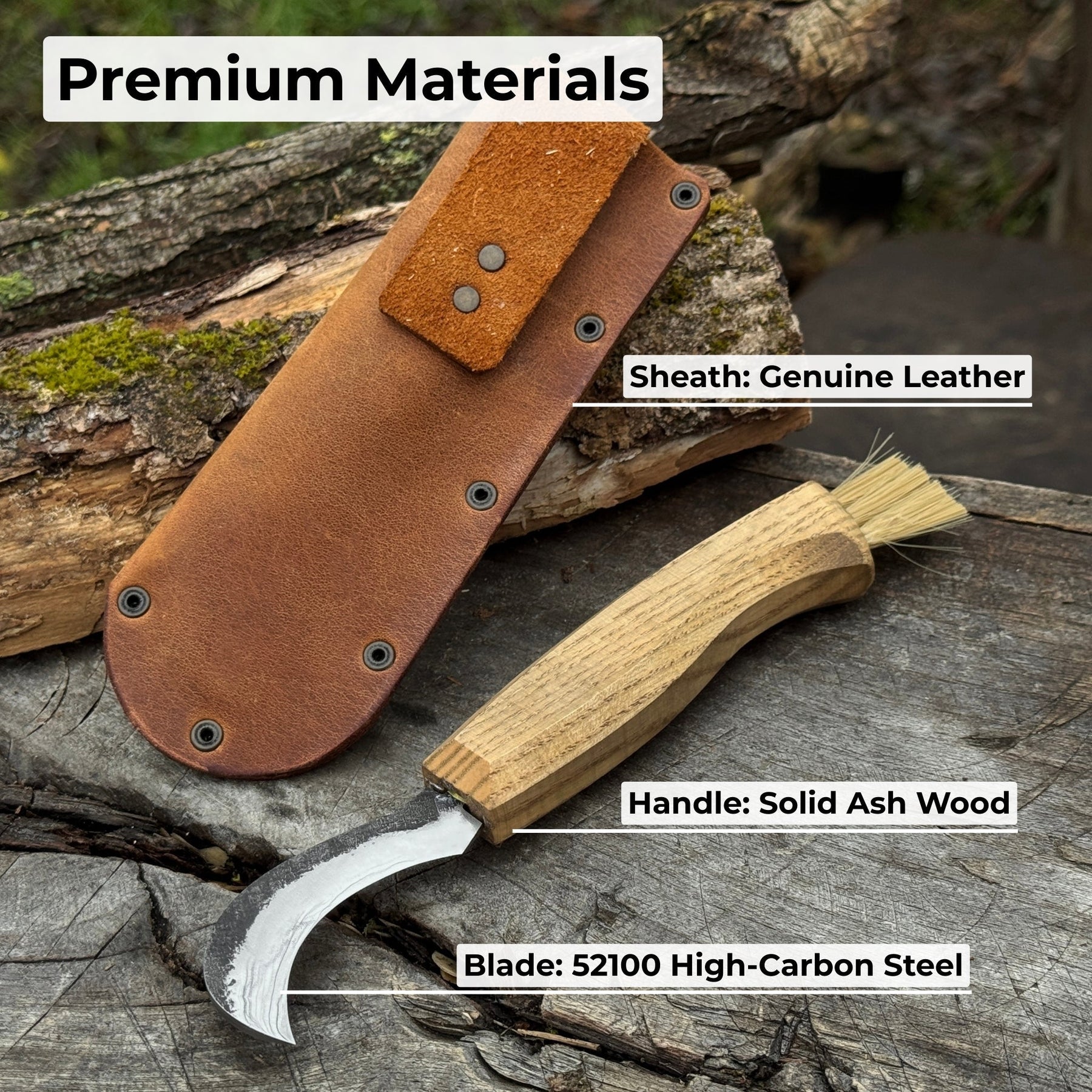 Forged Mushroom Knife with Brush, 6.5 cm (2.56 inches) detail view by Sharky Forged Steel Tools