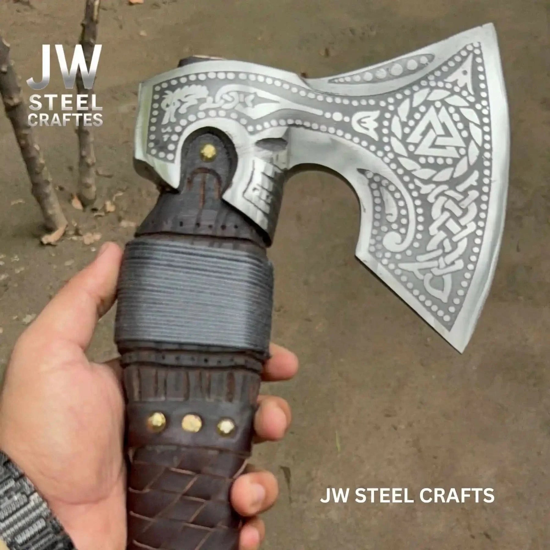 Engraved Norse Valknut Hatchet with Braided Leather Handle detail view by JW SteelCrafts