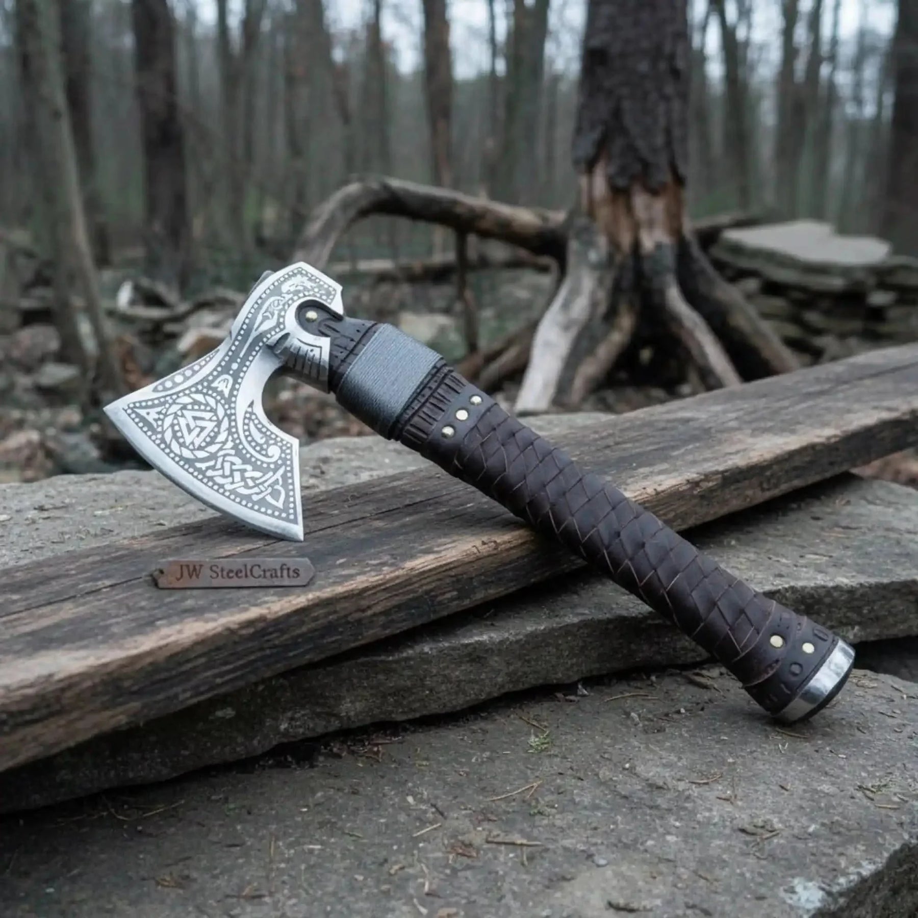 Engraved Norse Valknut Hatchet with Braided Leather Handle detail view by JW SteelCrafts