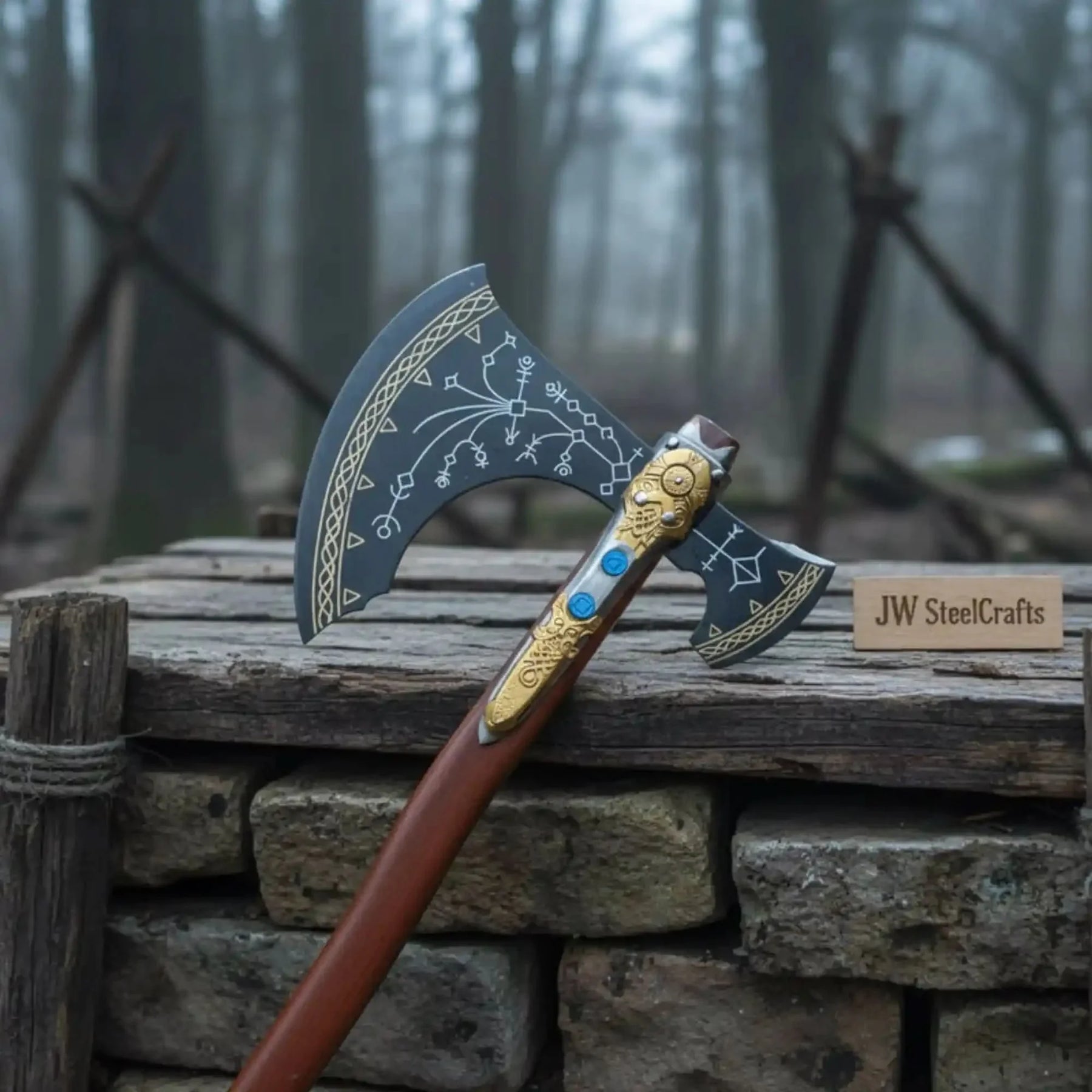 Hand Forged Viking Fantasy Double-Bit Axe with Norse Engraving, Gold Handle Fittings and Blue Gemstone Inlays by JW SteelCrafts, handmade jewelry detail photo 10