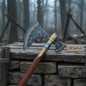 Hand Forged Viking Fantasy Double-Bit Axe with Norse Engraving, Gold Handle Fittings and Blue Gemstone Inlays by JW SteelCrafts, handmade jewelry detail photo 10