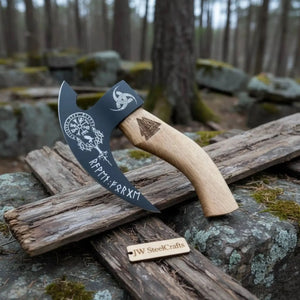 Viking Rune Engraved Bearded Axe Pizza Cutter — Carbon Steel Blade, Ash Wood Handle detail view by JW SteelCrafts