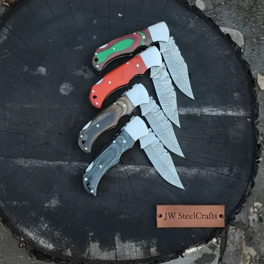 Handmade Damascus Steel Folding Knife – 4 Premium Handle Variations by JW SteelCrafts, Damascus knife detail photo 3