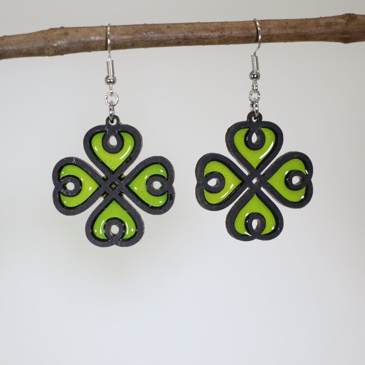 Four Leaf Clover Wood Resin Earrings | Irish Lucky Charm Jewelry