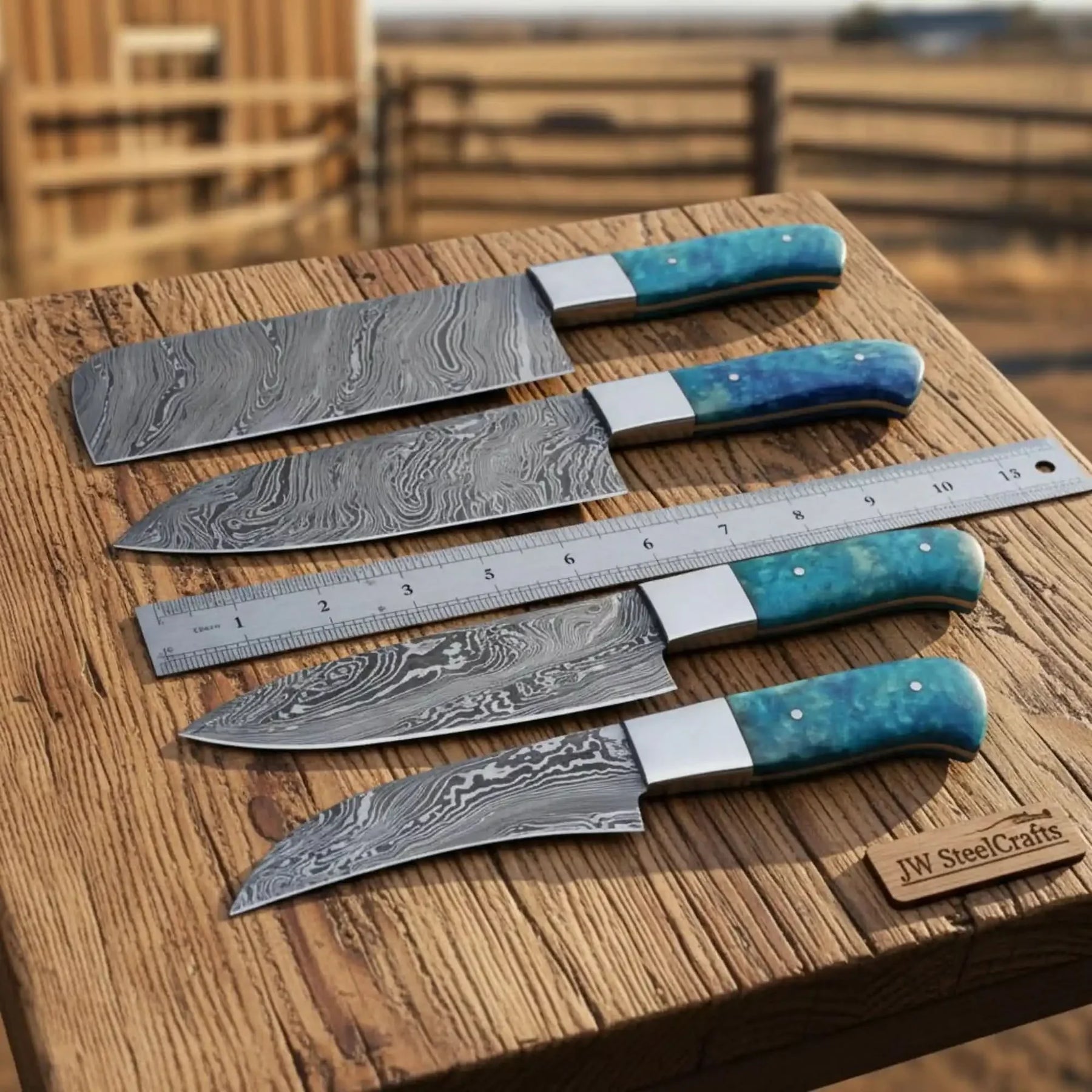 5-Piece Twisted Damascus Kitchen Knife Set with Blue Resin Handle and Square Steel Bolster – JW SteelCrafts by JW SteelCrafts, Damascus knife main product photo