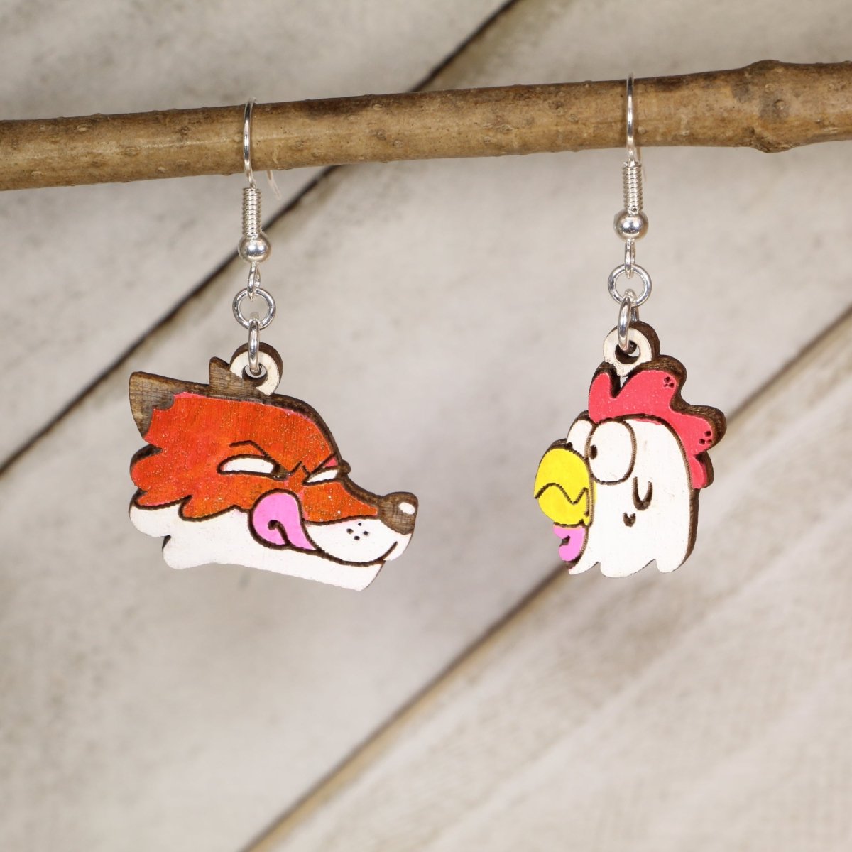 Fox and Chicken Wooden Earrings | Farm Animal Humor Jewelry by Cate's Concepts, LLC, handmade jewelry main product photo