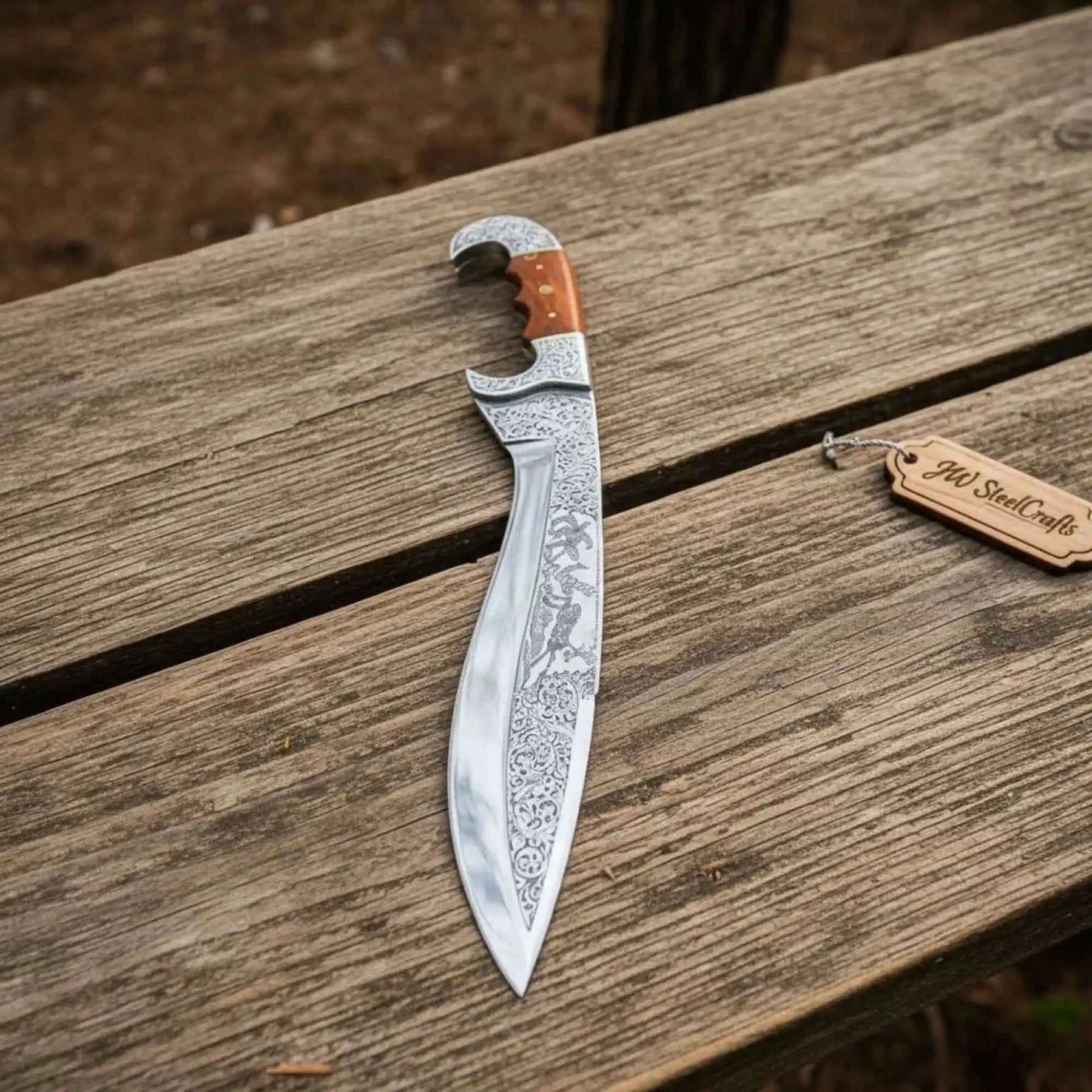 Frontier Bowie Knife Hand Engraved D2 Steel Blade Trailing Point Custom Handmade by JW SteelCrafts by JW SteelCrafts, Damascus knife detail photo 3