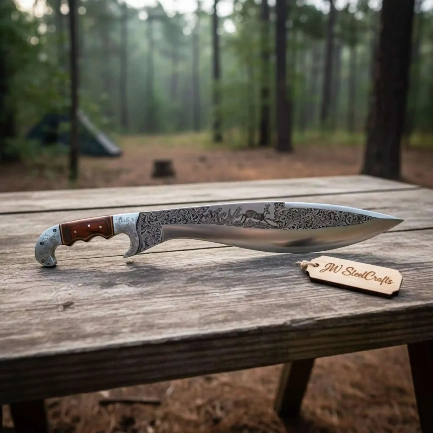 Frontier Bowie Knife Hand Engraved D2 Steel Blade Trailing Point Custom Handmade by JW SteelCrafts by JW SteelCrafts, Damascus knife detail photo 4