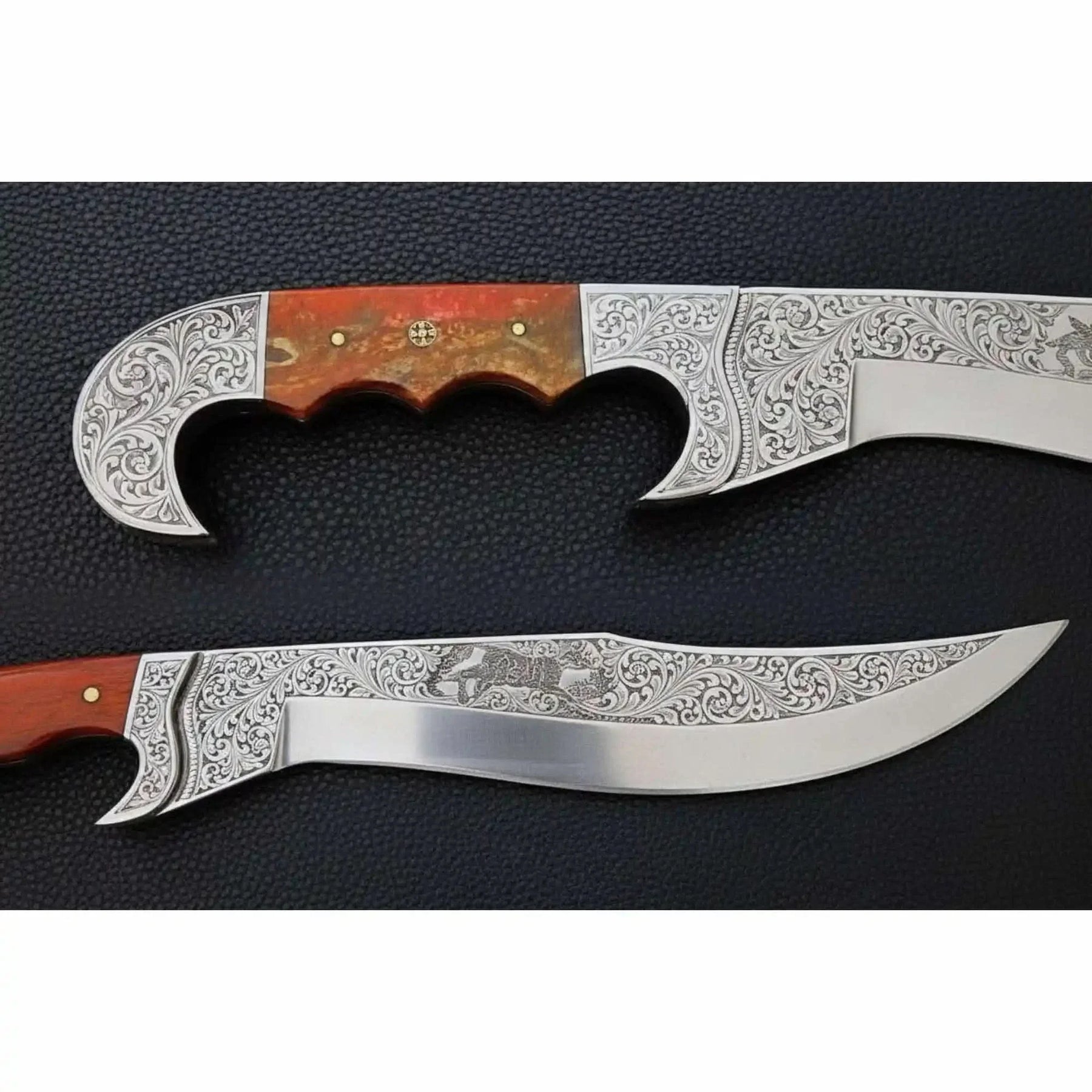 Frontier Bowie Knife Hand Engraved D2 Steel Blade Trailing Point Custom Handmade by JW SteelCrafts by JW SteelCrafts, Damascus knife detail photo 5