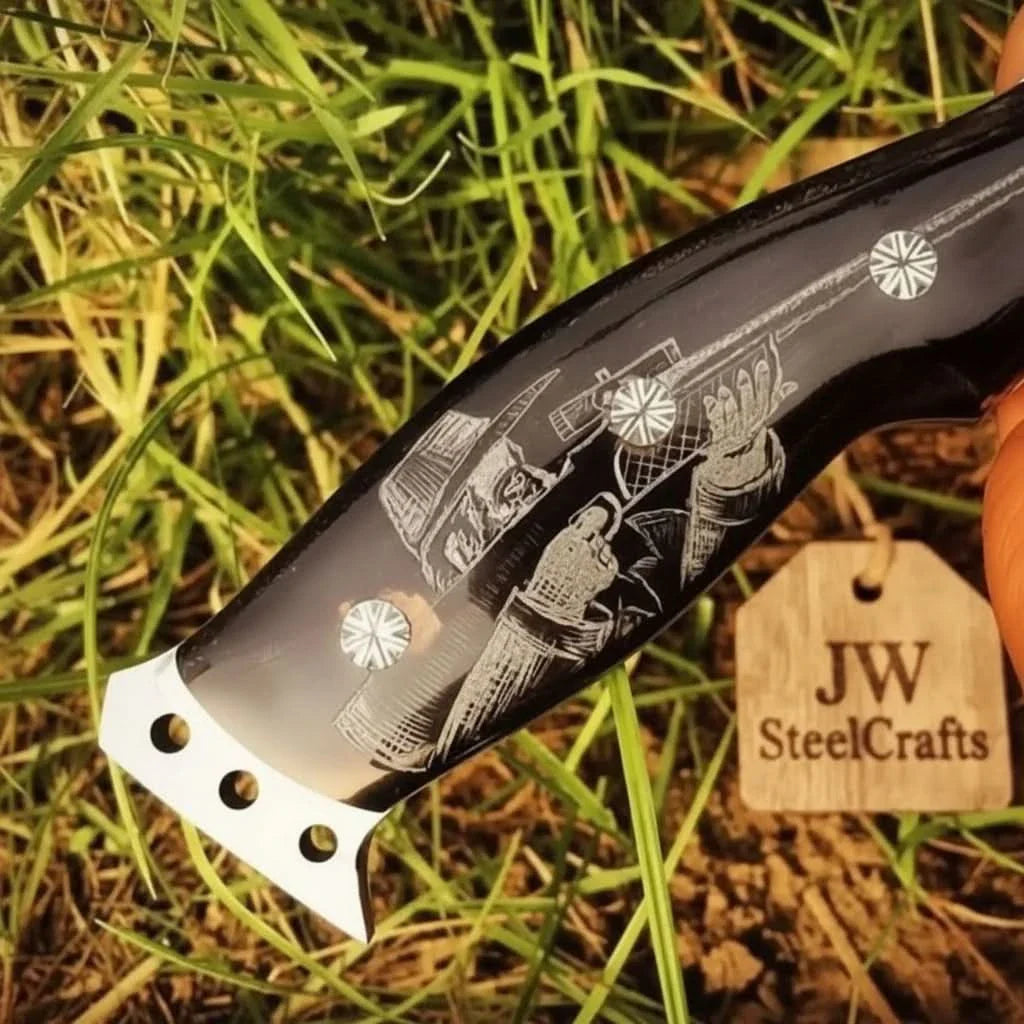 Frontier Persian Clip Point Bowie Knife Engraved D2 Steel Fixed Blade by JW SteelCrafts, Damascus knife detail photo 4