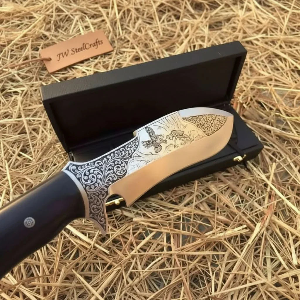 Frontier Persian Clip Point Bowie Knife Engraved D2 Steel Fixed Blade by JW SteelCrafts, Damascus knife detail photo 3