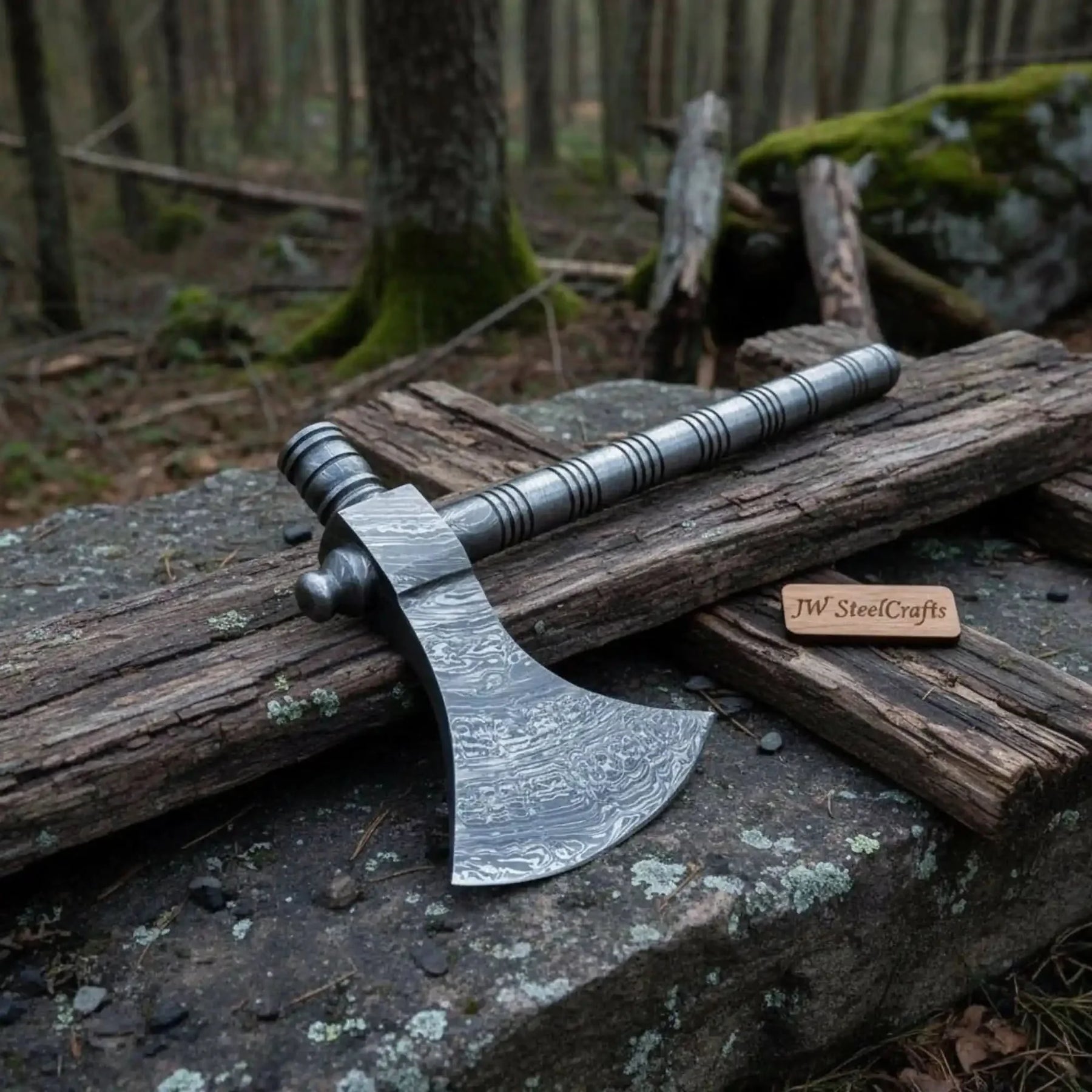 Damascus Steel Smoking Pipe Axe – Hand Forged Functional Pipe Tomahawk with Carved Hardwood Handle | JW SteelCrafts by JW SteelCrafts, Southern lifestyle apparel detail photo 3