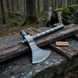 Damascus Steel Smoking Pipe Axe – Hand Forged Functional Pipe Tomahawk with Carved Hardwood Handle | JW SteelCrafts by JW SteelCrafts, Southern lifestyle apparel detail photo 3