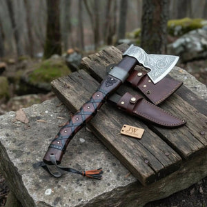 Viking Bearded Axe with Norse Engraved Blade and Leather Sheath detail view by JW SteelCrafts