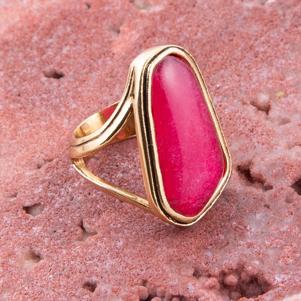 Pink Fuchsia Agate and Golden Abstract Ring detail view by Barse Jewelry