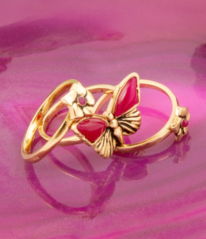 Pink Fuchsia Agate Golden Butterflies Triple Ring Set detail view by Barse Jewelry