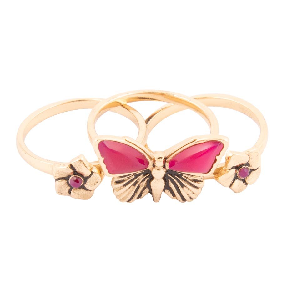 Pink Fuchsia Agate Golden Butterflies Triple Ring Set detail view by Barse Jewelry