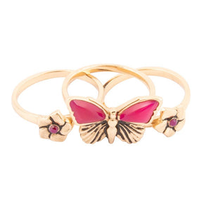 Pink Fuchsia Agate Golden Butterflies Triple Ring Set detail view by Barse Jewelry