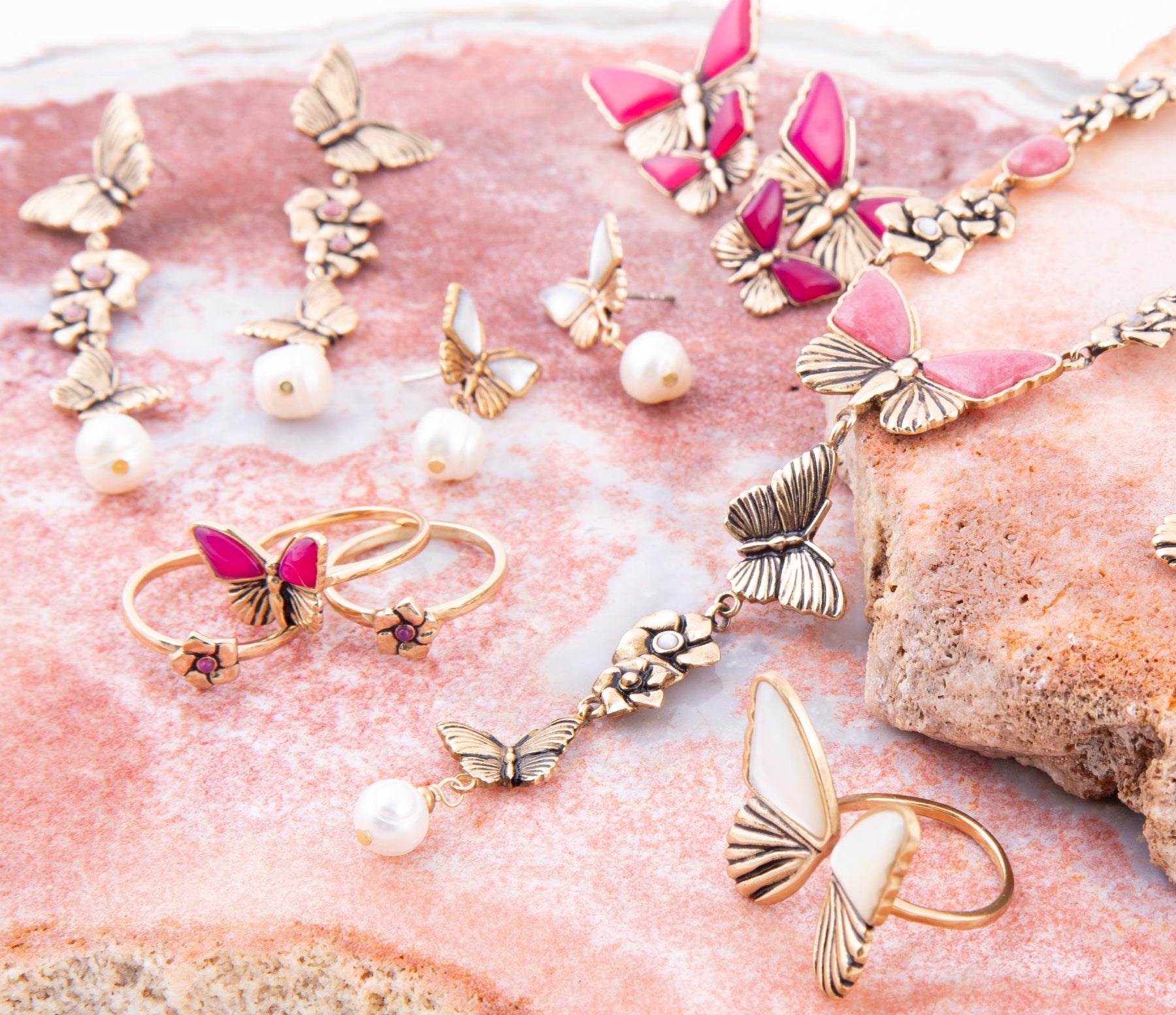 Pink Fuchsia Agate Golden Butterflies Triple Ring Set detail view by Barse Jewelry