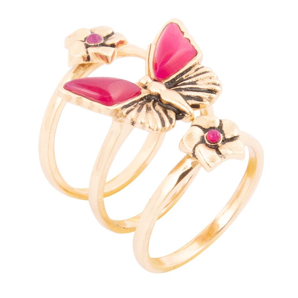 Pink Fuchsia Agate Golden Butterflies Triple Ring Set by Barse Jewelry