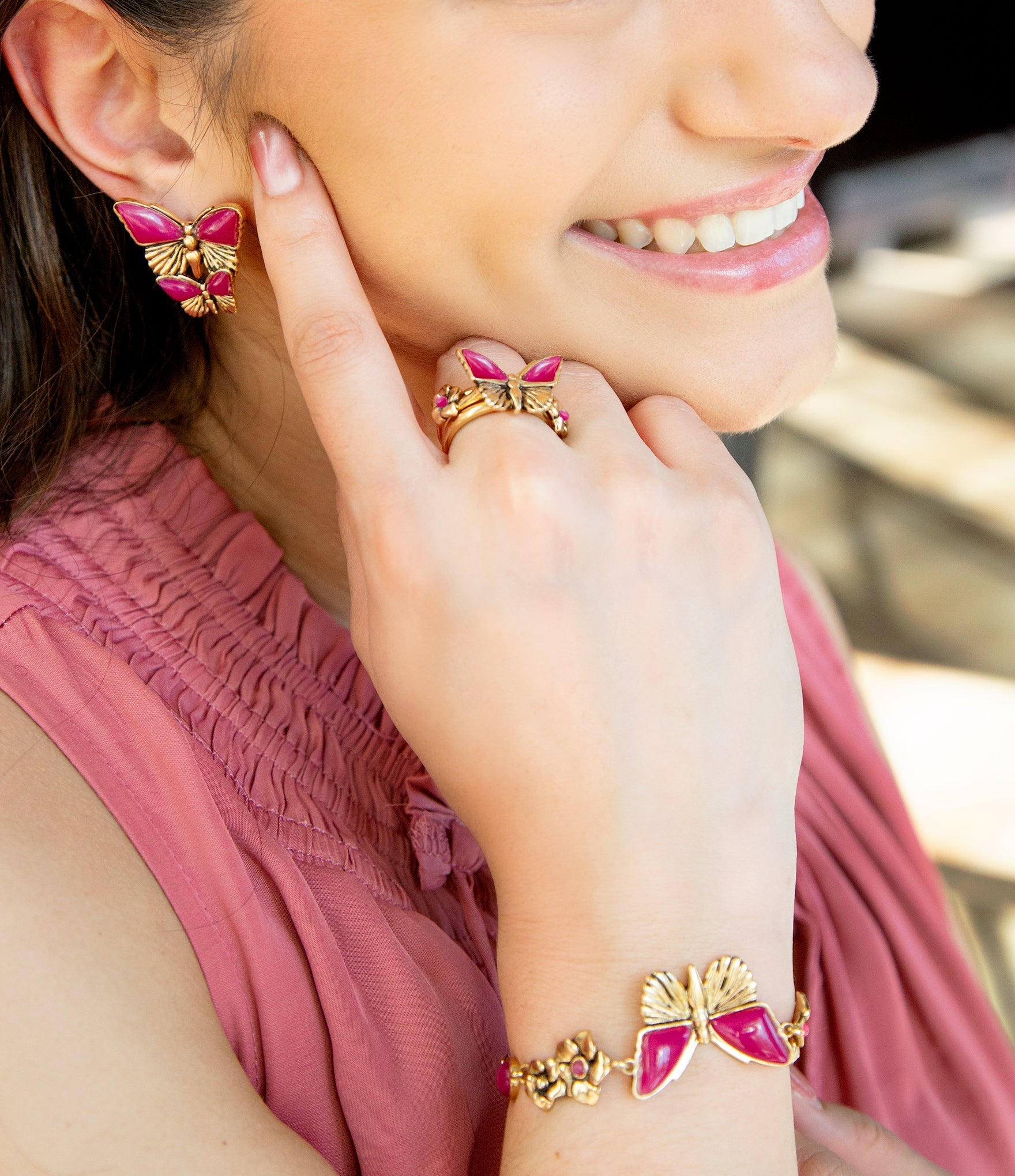 Pink Fuchsia Agate Golden Butterflies Triple Ring Set detail view by Barse Jewelry