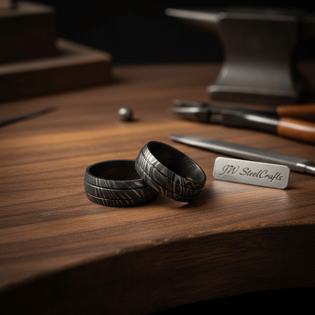 Black Damascus Steel Wedding Ring Set Double Groove Couple Bands by JW SteelCrafts, handmade jewelry detail photo 6