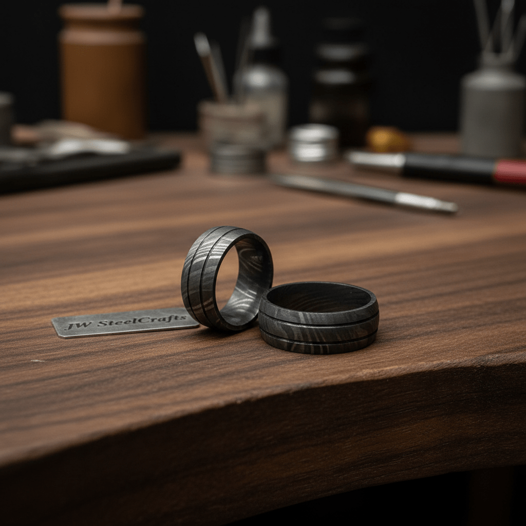 Black Damascus Steel Wedding Ring Set Double Groove Couple Bands by JW SteelCrafts, handmade jewelry detail photo 5