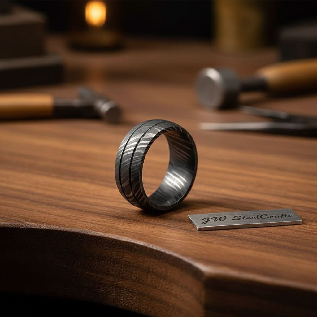 Black Damascus Steel Wedding Ring Set Double Groove Couple Bands by JW SteelCrafts, handmade jewelry detail photo 2