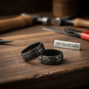 Black Damascus Steel Wedding Ring Set Double Groove Couple Bands by JW SteelCrafts, handmade jewelry detail photo 4