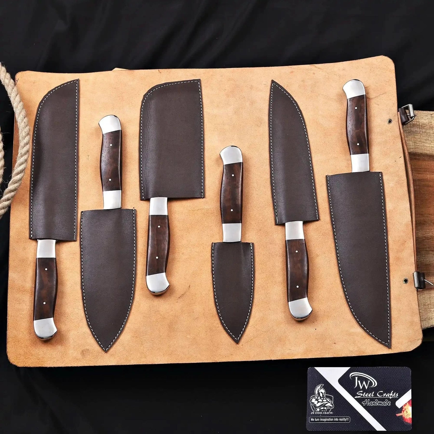 6-Piece High Carbon Steel Kitchen Knife Set with Leather Roll — Olive Wood Handles, Steel Bolsters, 7 to 12 Inc by JW SteelCrafts, Damascus knife detail photo 4