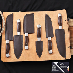 6-Piece High Carbon Steel Kitchen Knife Set with Leather Roll — Olive Wood Handles, Steel Bolsters, 7 to 12 Inc by JW SteelCrafts, Damascus knife detail photo 4