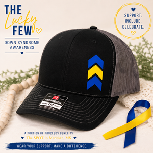 Down Syndrome Awareness Hat, Blue and Yellow Chevron Patch Hat by Poor Hog Customs, Southern lifestyle apparel detail photo 3