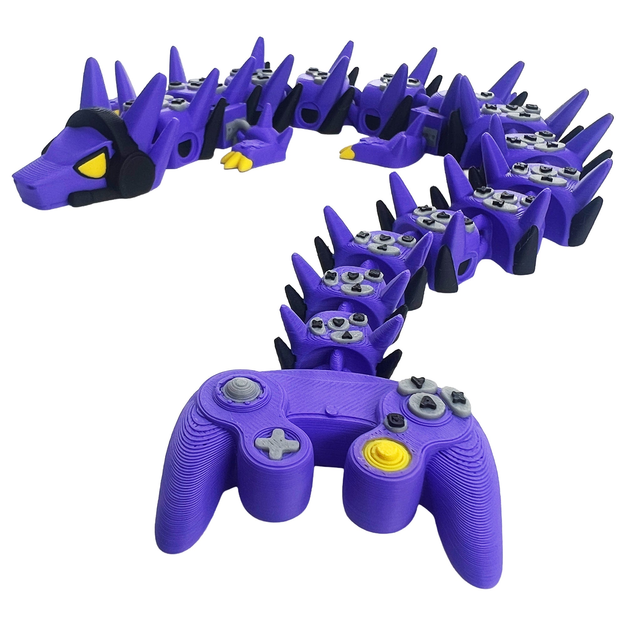 Boy Gamer Dragon articulated 3D print in purple, black, gray, and yellow
