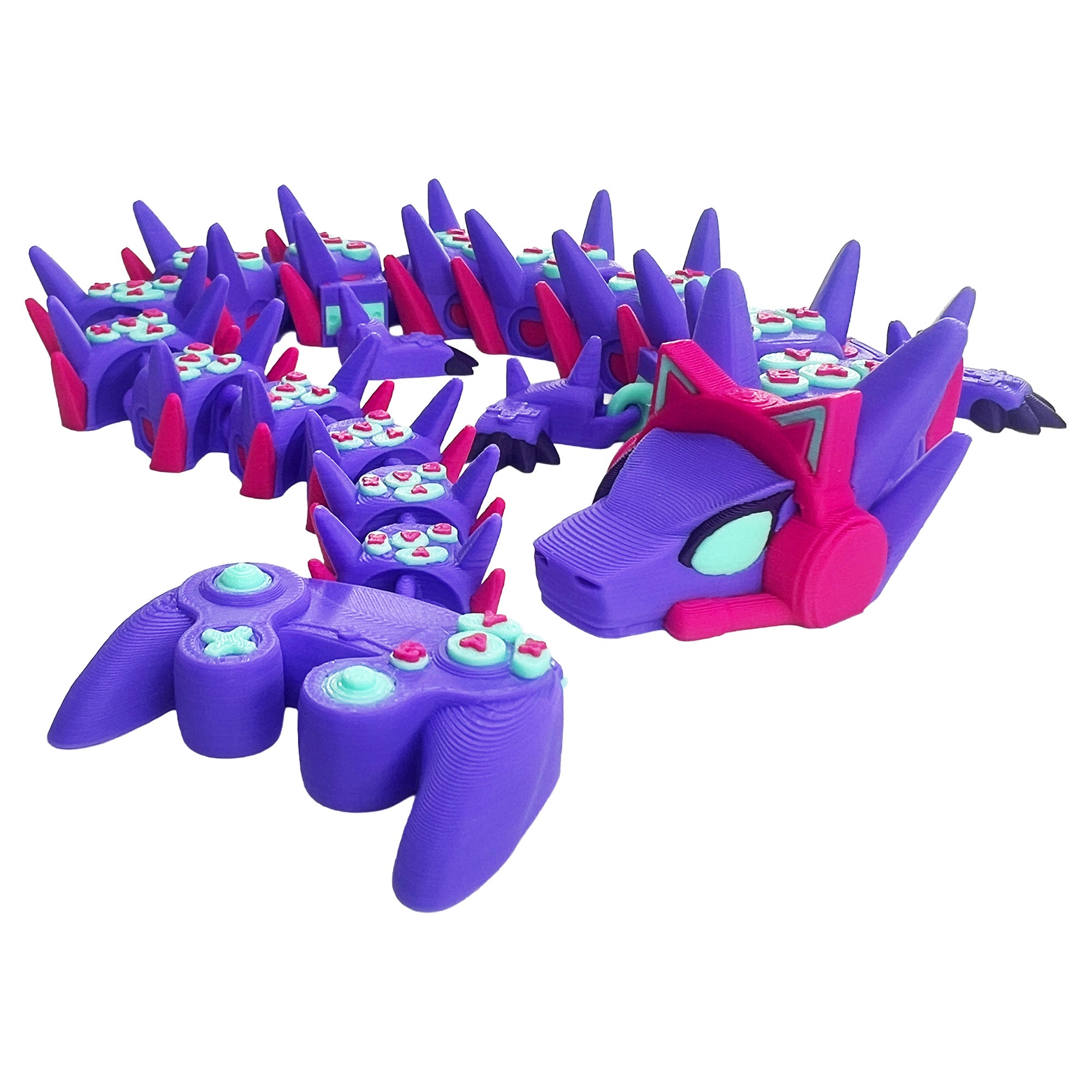 Girl Gamer Dragon articulated 3D print in purple, pink, and mint