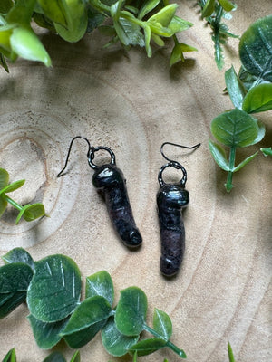 Garnet in Astrophyllite Penis Earrings detail view by Copper Ashes