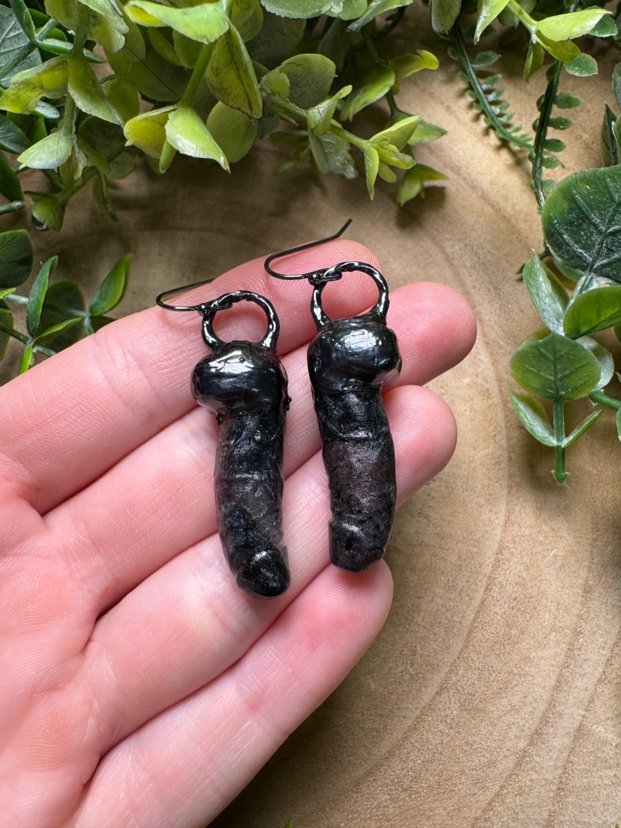 Garnet in Astrophyllite Penis Earrings by Copper Ashes