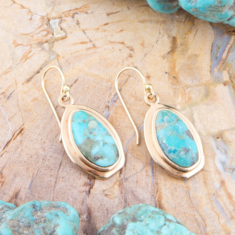 Genuine Blue Turquoise Golden Drop Earrings detail view by Barse Jewelry